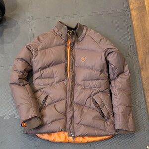 Stylish Brown Puffer Jacket with Orange Accents